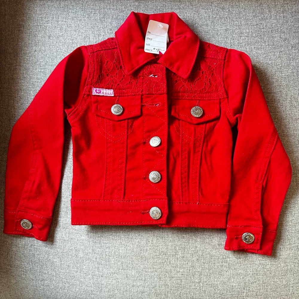 Cutie patootie red denim jacket with lace/rhinestone detail on back. NEW
